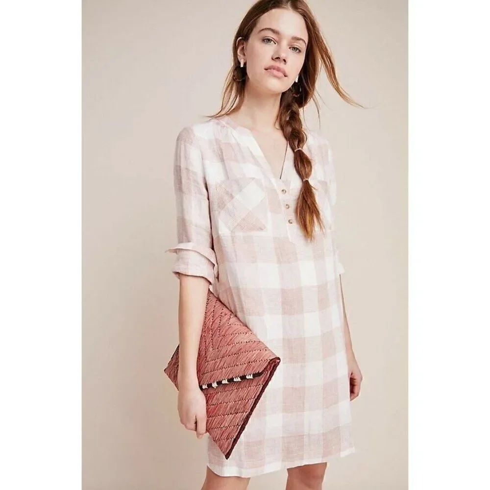 NWT ANTHROPOLOGIE CHECKED LINEN PLAID HENLEY TUNIC SHIRTDRESS FIRST MONDAY
